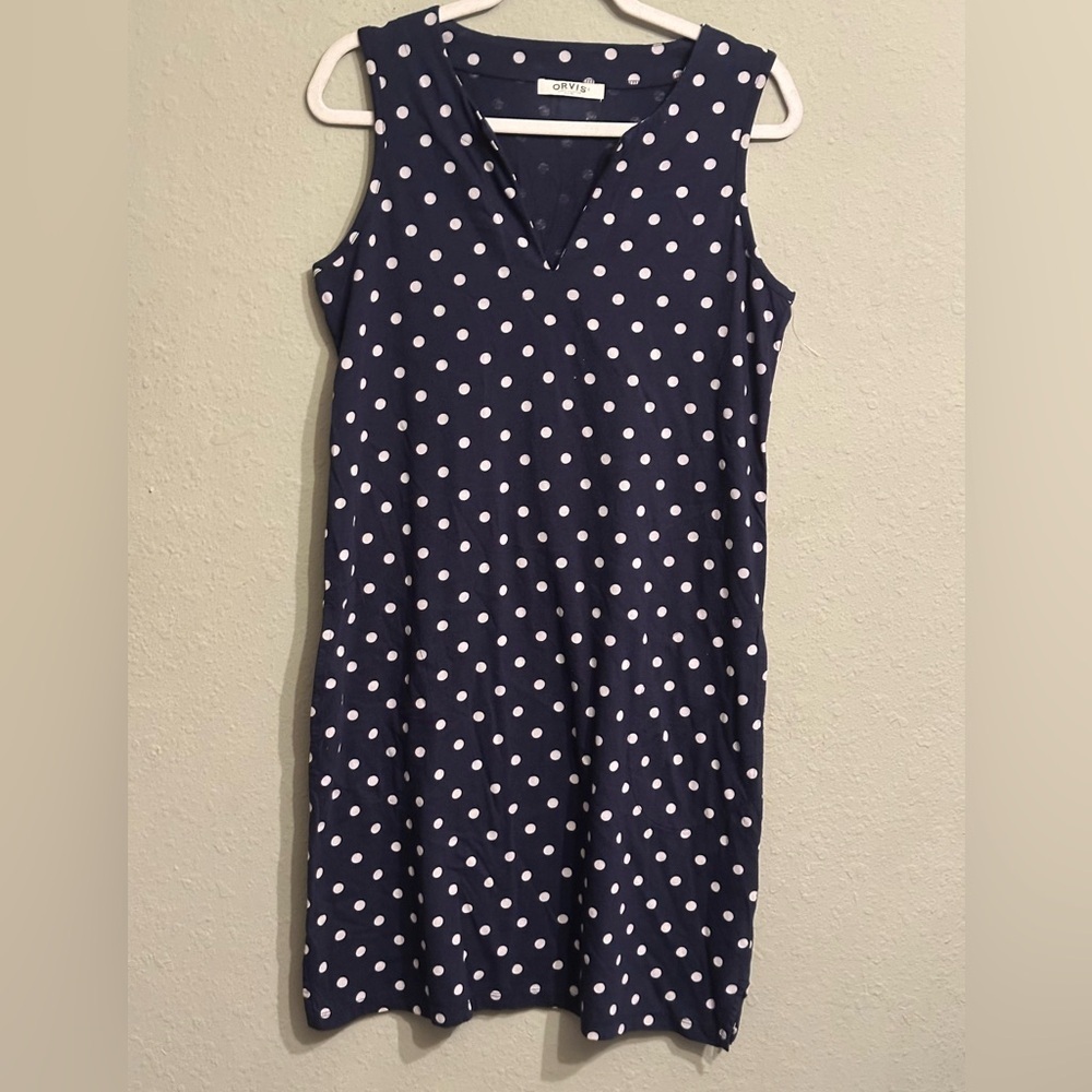 Orvis Blue and White Cotton Jersey V-Neck Sleeveless Dress - Picture 11 of 12